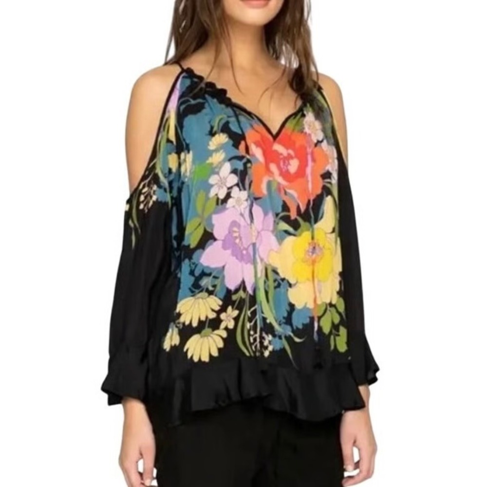 Johnny Was Fusion Cold Shoulder Floral Blouse Black Multi Bohemian XS NWT